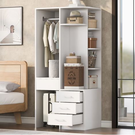 Armario ropero abierto 70 x 55 x 175 cm con estantes y 3 cajones, blanco OKMYHOME (1/5)