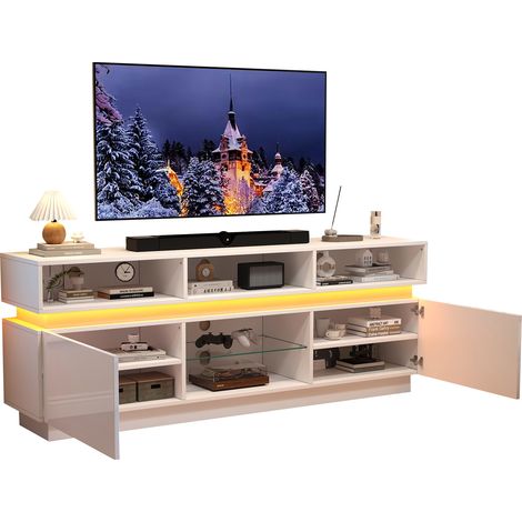 TV Lowboard mit 10 Fächern und LED, Hochglanzfronten für Wohnzimmer, aus MDF und Glas, Weiß, 160 x 35 x 60 cm (1/5)