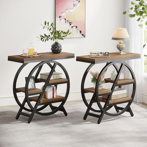 Tribesigns 3-Tier Beistelltisch Schmaler Holz,65 x 30 cm sofatisch mit Stauraum,Industrielle Kleiner Beistelltisch für Wohnzimmer, Slim Nachttisch für Schlafzimmer (2 Set) (1/5)