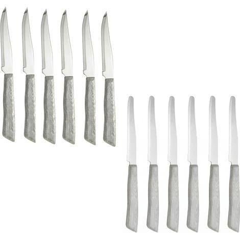 Set 12 Coltelli da Tavola Professionali Made in Italy 6 Bistecca e 6 Punta Arrotondata Acciaio Inox Effetto Legno olmo sbiancato 22 cm Ideali per Carne Pizza Formaggi per uso quotidiano o professional