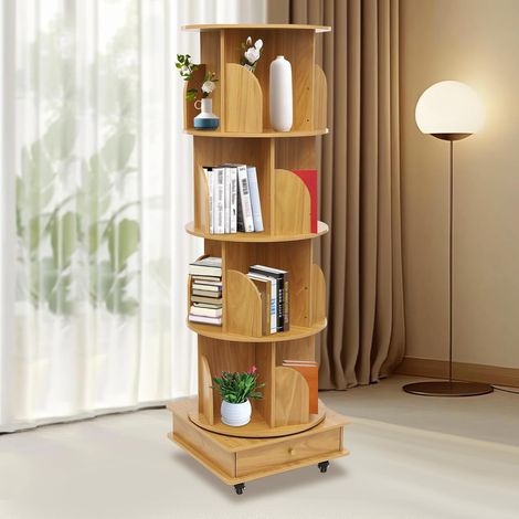 Bibliothèque pivotante en bois massif à 4 étages, affichage à 360 °, avec roulettes, 16 compartiments et tiroirs, étagère de rangement pour enfants et adultes, marron clair (1/5)