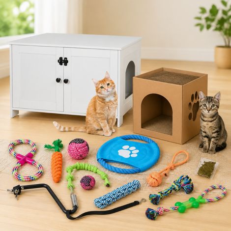 Haustier-Essentials-Set (4-teilig) - Katzenhaus, Katzenstreu-Schrank, Hundespielzeug-Set & Fahrradleine (1/5)