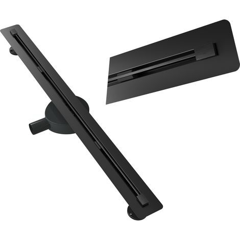 Caniveau de douche linéaire sous carrelage 90 cm Granitan Luno noir acier inoxydable avec siphon ABS (1/5)