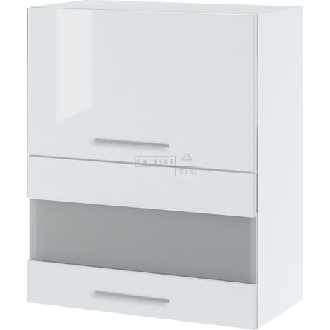 Meuble haut de cuisine Bellissi Blanc Brillant 2 portes relevables avec vitre opaque L 60 cm -  Porte avec poignée apparente  White