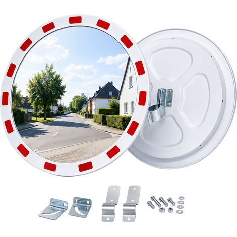 Relaxdays traffic mirror, 30 cm, post bracket, reflective rim, outdoor, convex safety mirror, white/red (1/5)