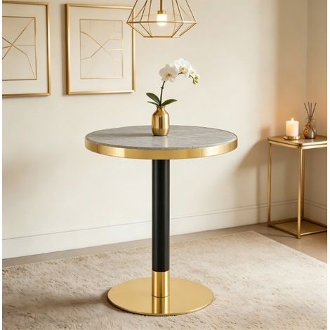 Table d’appoint ronde 60x73,7 cm, design marbre gris avec bord doré, structure stable en MDF et métal (1/5)