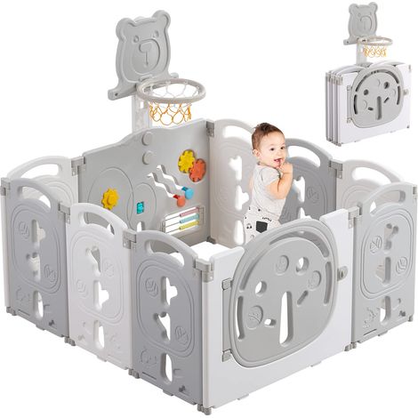 Box pieghevole Yoleo per bambini, 8+2 pannelli, con cancelletto di sicurezza e canestro da basket, centro attività di sicurezza per bambini, in plastica, grigio (1/5)