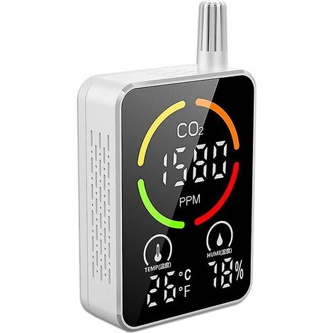 Moniteur infrarouge 3 en 1 à semi-conducteurs pour la mesure du CO2, de la température et de l'humidité, avec affichage numérique et fonction heure. (1/5)