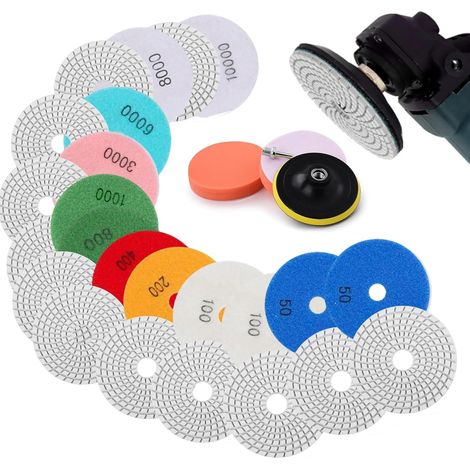 16 Pcs Tampons de Polissage Diamant: Disque a Poncer Pierre 125mm 50-10000 Polissage avec Pads pour Marbre Pierre Béton Granite Avec Disque en Caoutchouc M14 (1/5)