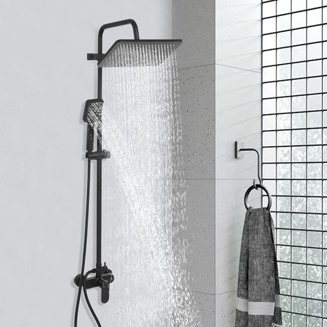 Duschsystem mit Duscharmatur, Regendusche Höhenverstellbar, Duschamaturenset inkl Mischbatterie Dusche, Kopfbrause, Handbrause, Brausestange und Schlauch, Duschset mit Armatur, Schwarz