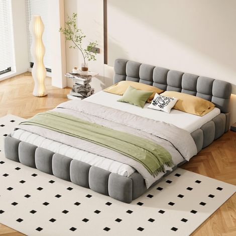 Letto 160x200 cm - con schienale morbido e struttura imbottita - rete a doghe - lino - adatto per adulti e ragazzi - Grigio