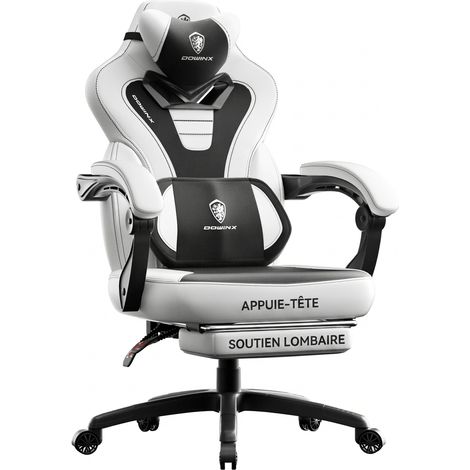Fauteuil gaming blanc ergonomique, repose-pieds, inclinable 90-145°, coussin lombaire, accoudoirs (1/5)