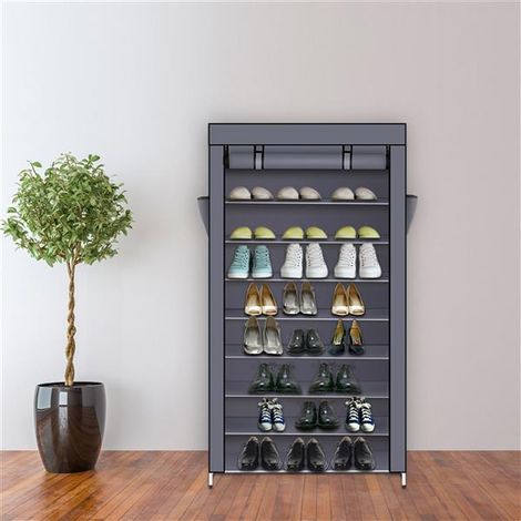 Étagère à chaussures à 10 niveaux avec couvercle anti-poussière, armoire de rangement pour chaussures, gris, 160x30x88cm (1/5)