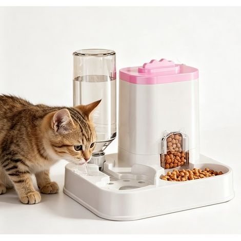 Gamelle automatique pour chats et chiens avec abreuvoir intégré - Grande capacité - Système d'alimentation par gravité - Rose - Taille unique (1/5)