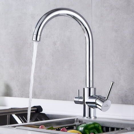 Auralum Robinet Cuisine 3 voies Chromé Pivotant à 360°, Mitigeur d'Evier Filtre à Eau en Laiton, Robinet de Cuisine avec Sortie Eau Filtrée pour Eau Potable (1/5)