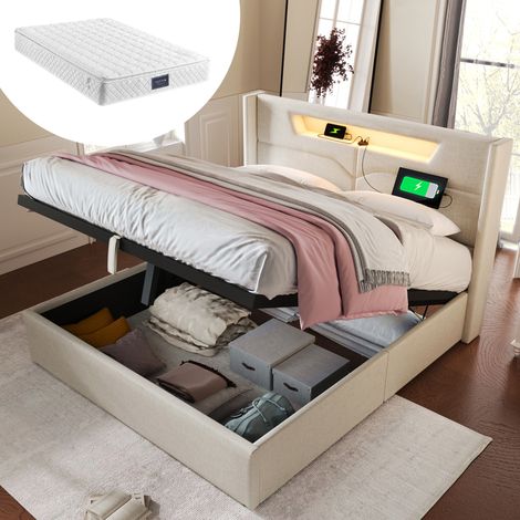 DESVIAE Lit double avec matelas ressorts ensachés 160 x 200 cm beige rangement relevable LED USB Type C tissu style lin (1/5)