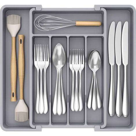 Organisateur de tiroir à couverts, plateau extensible pour couverts de cuisine, couverts et support à couverts sans BPA, gris (1/4)