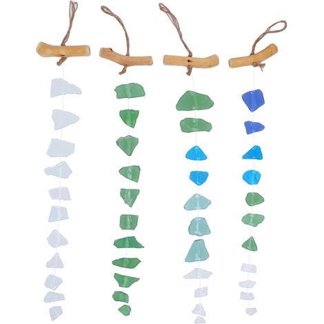 Carillon de jardin en verre sablé et bois flotté (lot de 4), fabriqué artisanalement, pour l'intérieur et l'extérieur. (1/5)
