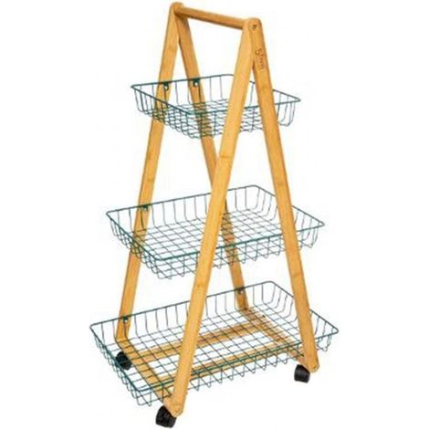 Carrello da cucina moderno in bamboo tre ripiani Petrolio con ruote 54,5x35,5x h88 cm (1/3)