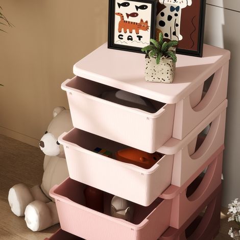 Boîte de rangement enfant 4 tiroirs, bords arrondis, design surélevé, 37x37x76 cm, rose (1/5)