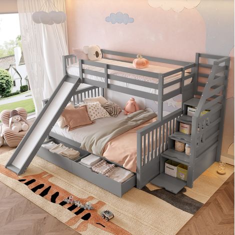 Cama litera infantil con almacenaje y tobogán gris OKMYHOME (1/5)