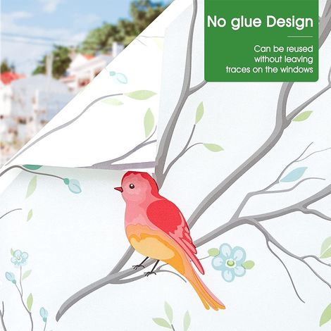 Film Pour Fenêtre - Film De Confidentialité Sans Colle À Base De Statique - Motif Oiseaux Et Branches - Blanc Opacifiant - 120 x 60 cm (1/5)