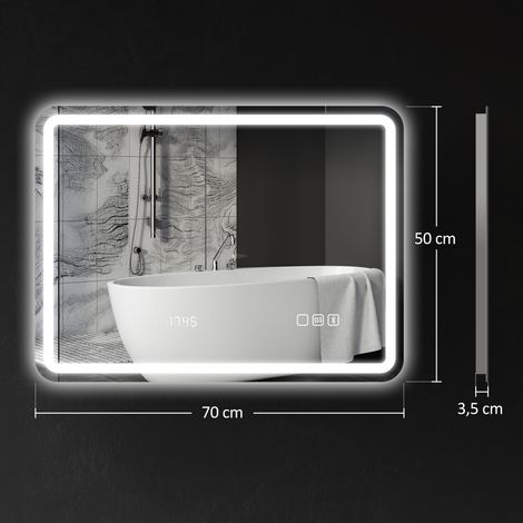 Miroir salle de bain Bluetooth avec éclairage LED 50 x 70 cm, miroir lumineux mural avec horloge, antibuée, argenté (1/5)