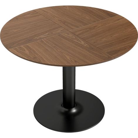Table de salle à manger ronde pour 6 personnes, 110 cm. Table de cuisine moderne avec pied central pour salon, aspect bois brun. (1/5)