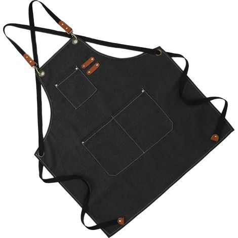 Tablier d'artiste en toile de coton, bretelles amovibles, doux et confortable, doubles coutures avec poches, tablier de jardinage noir (1/5)