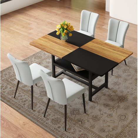 Set tavolo pranzo rettangolare 160 cm con vano, 4 sedie PU grigio chiaro, MDF e metallo (1/5)
