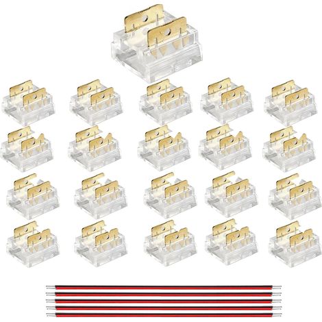 Connecteurs 2 broches 10mm 20 pièces à assemblage par pression pour bandes COB LED,ultra-plats,connecteurs bande à bande ou bande-fil pour bandes monocolores 5V/12V/24V,borne transparente. (1/5)
