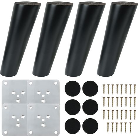 4 Pièces Pieds de Meuble Noir Bois Pieds de Lit 12cm Pieds de Rechange avec Plaque de Montage Vis Patins en Feutre Pieds Conique pour Table Chaise Canapé Armoire Lit Fauteuil Meuble TV (1/5)