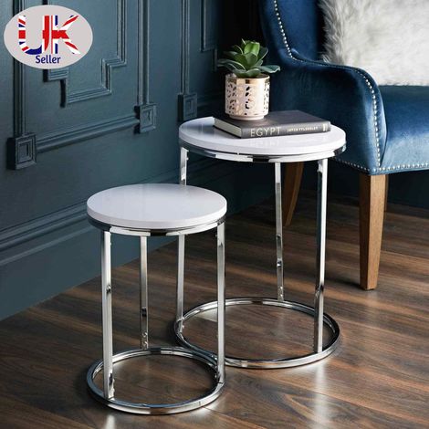 Set of 2 Tables White Table Top Chrome Legs Living Room Decoration Space Saving Design (1/2)
