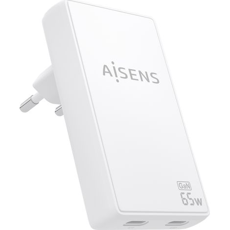 Cargador de Pared GaN Aisens ASCH-65W2P077-W/ 2xUSB Tipo-C/ 65W/ Blanco