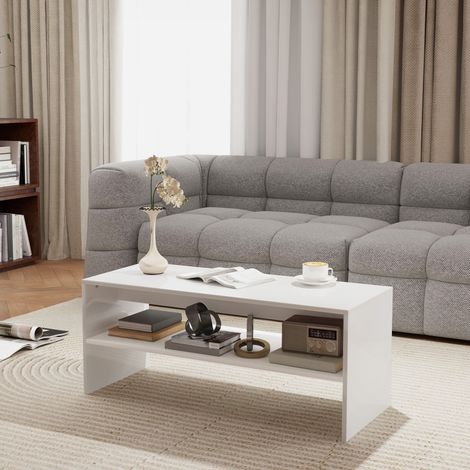 Mesa de Centro Mesa Auxiliar con Compartimento Abierto Mesa de Café 100x40x41,5 cm Blanco Brillante (1/5)