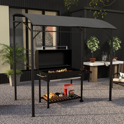 Pavillon de barbecue. abri pour barbecue. housse de pluie. crochets pour ustensiles. structure en acier. gris foncé. 215 x 150 x 182/220 cm