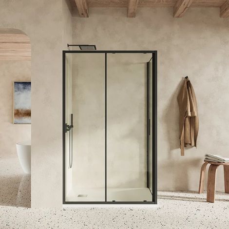 Box doccia slim 80x160cm con porta scorrevole e parete fissa profili nero opaco e vetro 6mm anticalcare trasparente h190 Portofino (1/5)