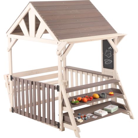 Cuisine d'extérieur en bois en forme de maison avec toit étanche et rambarde à mi-hauteur, comprenant une étagère multifonctionnelle pour plantes et jouets. Convient aux enfants à partir de 3 ans. Mai (1/5)