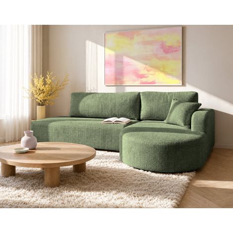 Miro - canapé d'angle droit 4 places convertible avec coffre en velours texturé - vert sauge (1/5)