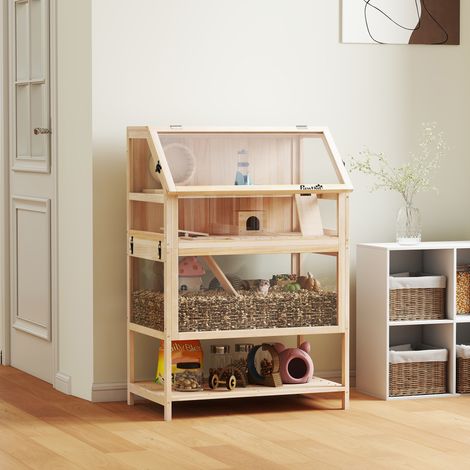 Jaula para hámster/hábitat para roedores de 3 pisos con panel acrílico y rueda, 80x53x117cm, efecto madera natural.