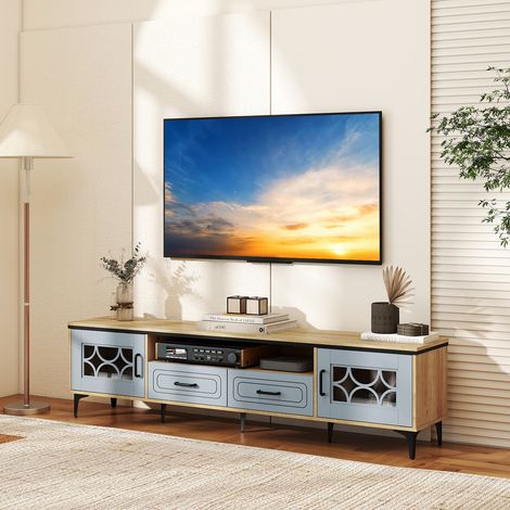 Meuble TV 180,5 cm pour TV jusqu'à 80 pouces avec 2 tiroirs, 2 meubles et compartiment, meuble TV en bois avec 7 pieds métalliques surélevés - bleu (1/5)