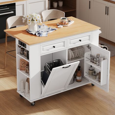 Îlot de cuisine sur roulettes, poubelle et porte-serviettes, chariot de service avec multiprises, table à manger extensible, blanc (1/5)