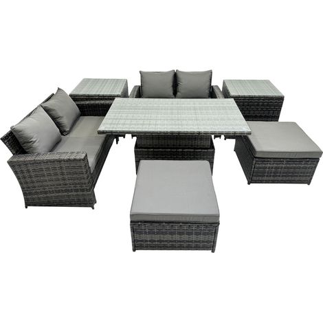 Fimous Outdoor Love Sofa Set 6 Seat Rattan Garden Furniture Set with Adjustable Lifting Dining or Coffee Table Big Stool Dark Grey Mixed (1/5)
