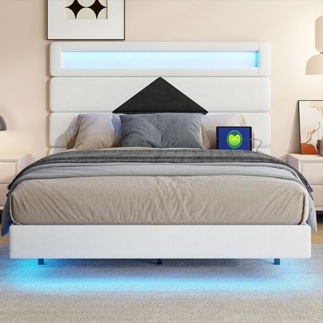 Doppelbett 140x190 cm - Beige Samt - LED Kopfteil - Lattenrost - Modernes Design