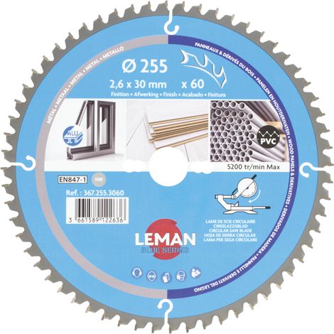 LAME CIRC.HM FINITION D255X2.6X30 Z=60 TRAP-PL NEG - 367.255.3060 - LEMAN