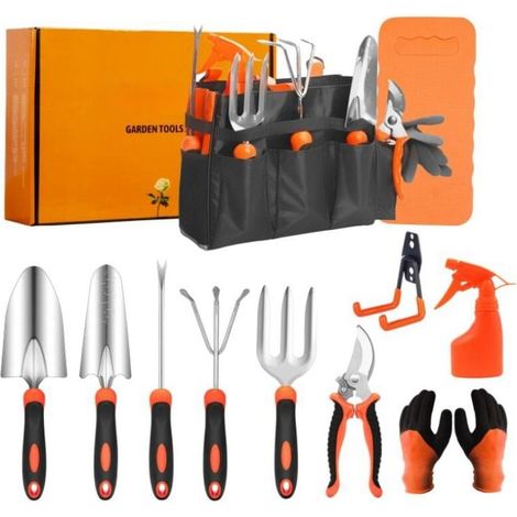 Ensemble de 13 outils de jardin en acier inoxydable, gants de jardin ergonomiques en caoutchouc, sac de rangement, cadeau idéal pour les jardiniers et jardinières (KLB). (1/5)