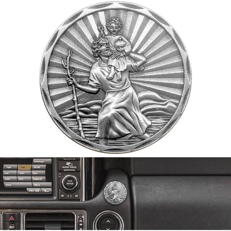 Médaille de Saint Christophe plaque auto - Diamètre : 3,4 cm - "Protège-nous et aide-nous à bien rentrer" - Avec aimant et 3 autocollants adhésifs double face - 1 pièce de fer (vieux argent) (1/5)