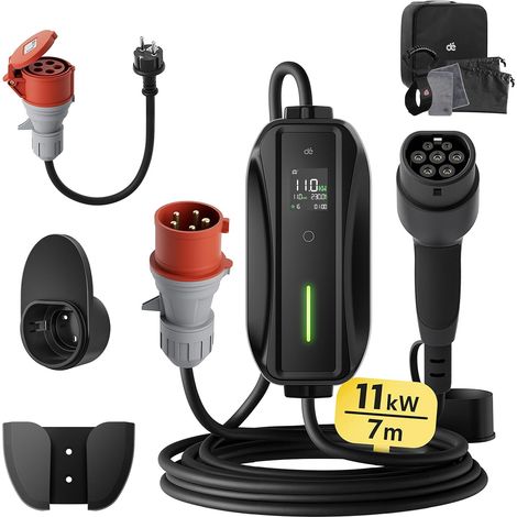 dé Chargeur Voiture Electrique 11kW [7m,Triphasé,6A-16A] Type 2 Prise CEE (1/5)