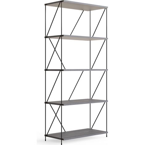 Industrial Style Display Bookcase Wide 5 Tier Storage Unit Grey Wood Black (1/5)
