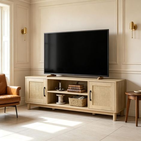 Meuble TV niches ouvertes et double porte table télé design élégant grand volume de stockage vendu seul (1/4)